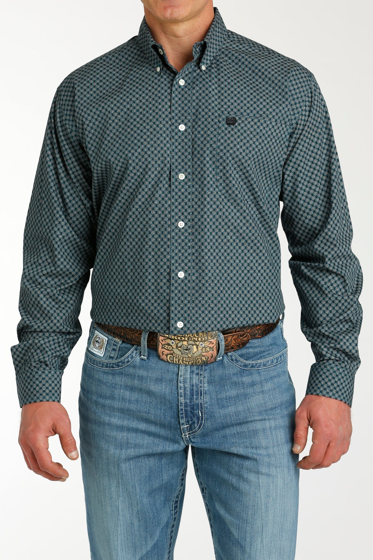 Cinch Men's Long Sleeve Button-up PRINT - Teal Wheel