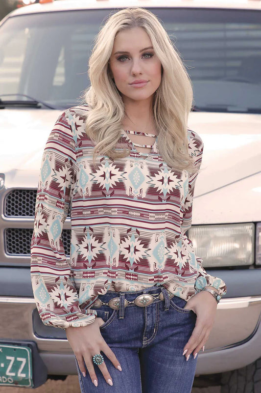 Cruel Girl Women's Cream Georgette Aztec Print Long Sleeve Blouse