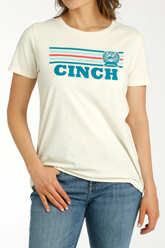 Cinch Women's Cream Short Sleeve Stripe Logo T-Shirt.