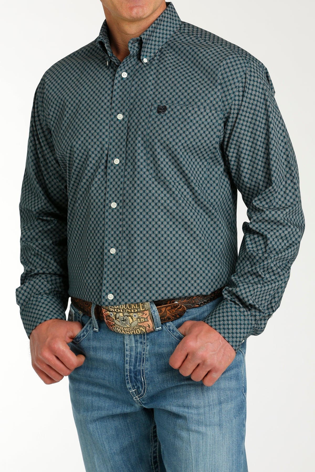 Cinch Men's Long Sleeve Button-up PRINT - Teal Wheel