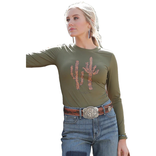 Cruel Denim Ladies Green Cactus Print Long Sleeve T-Shirt
