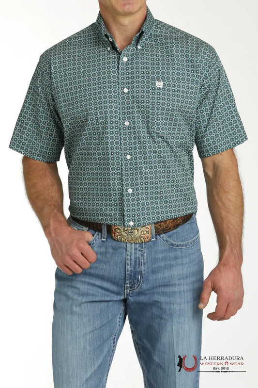 Cinch Men's Short Sleeve Button-up - Teal Star