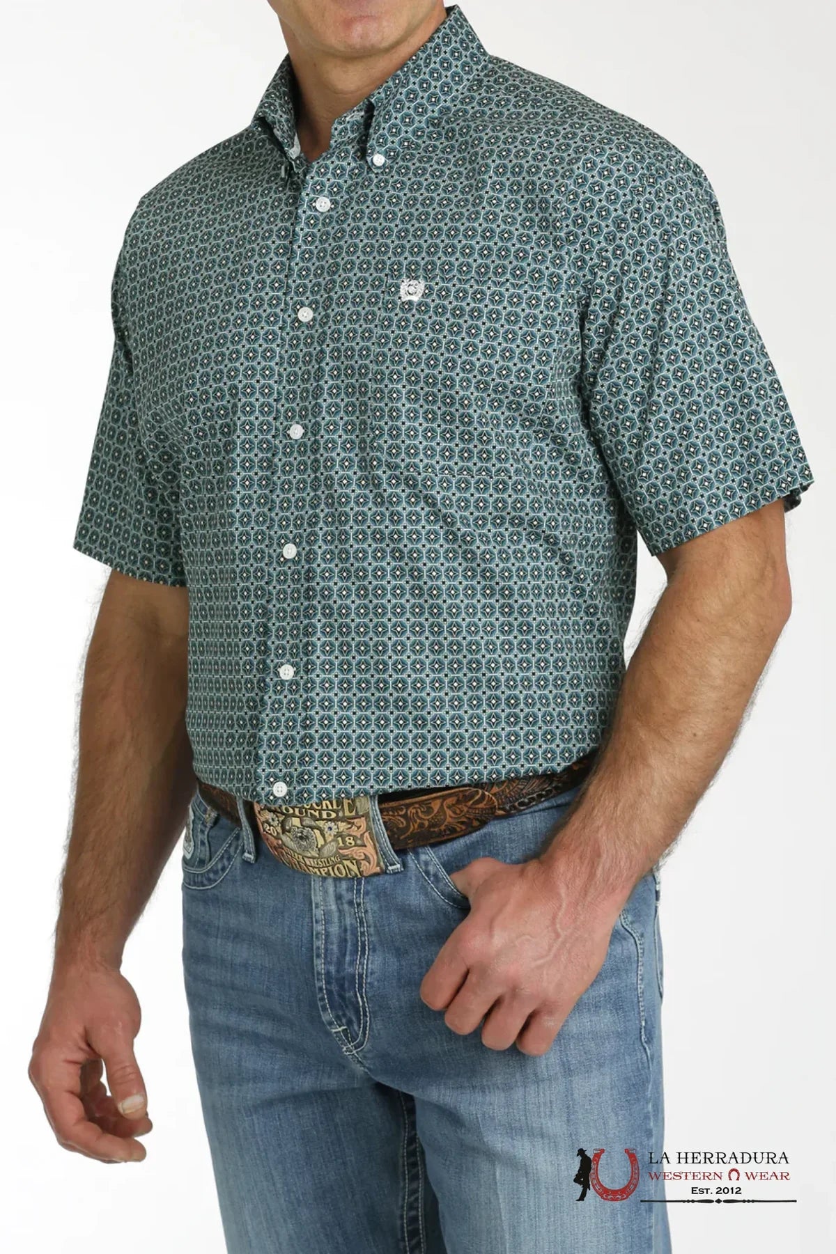 Cinch Men's Short Sleeve Button-up - Teal Star