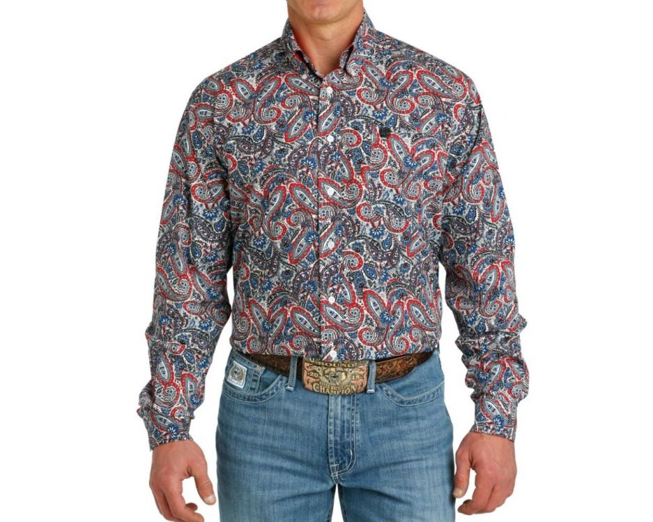 Cinch Men's Long Sleeve - Multi Red White Blue Paisley