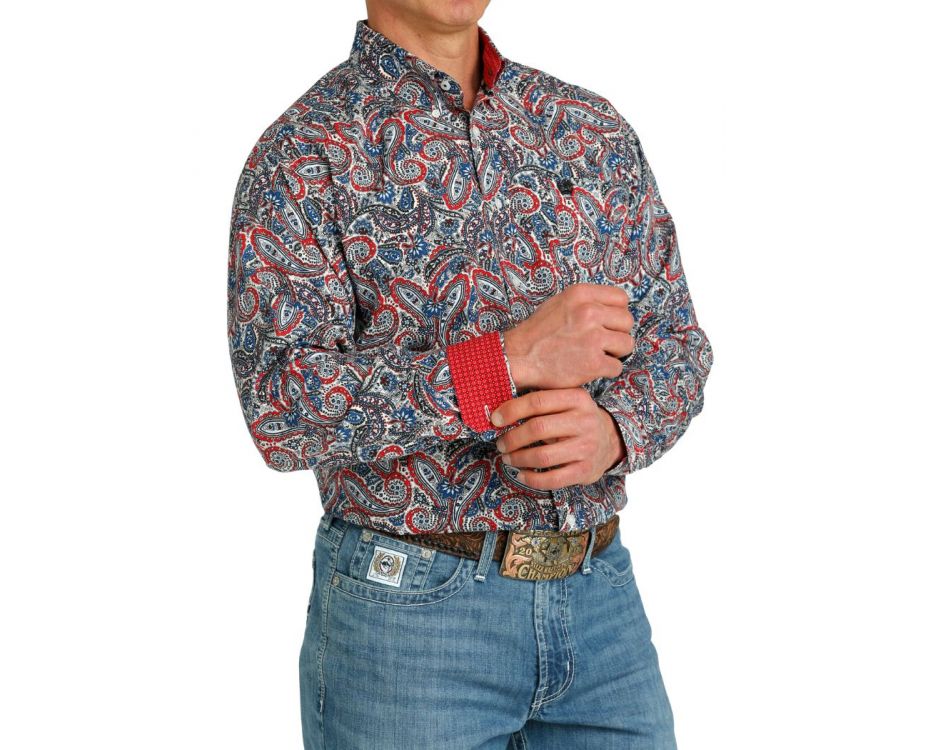 Cinch Men's Long Sleeve - Multi Red White Blue Paisley