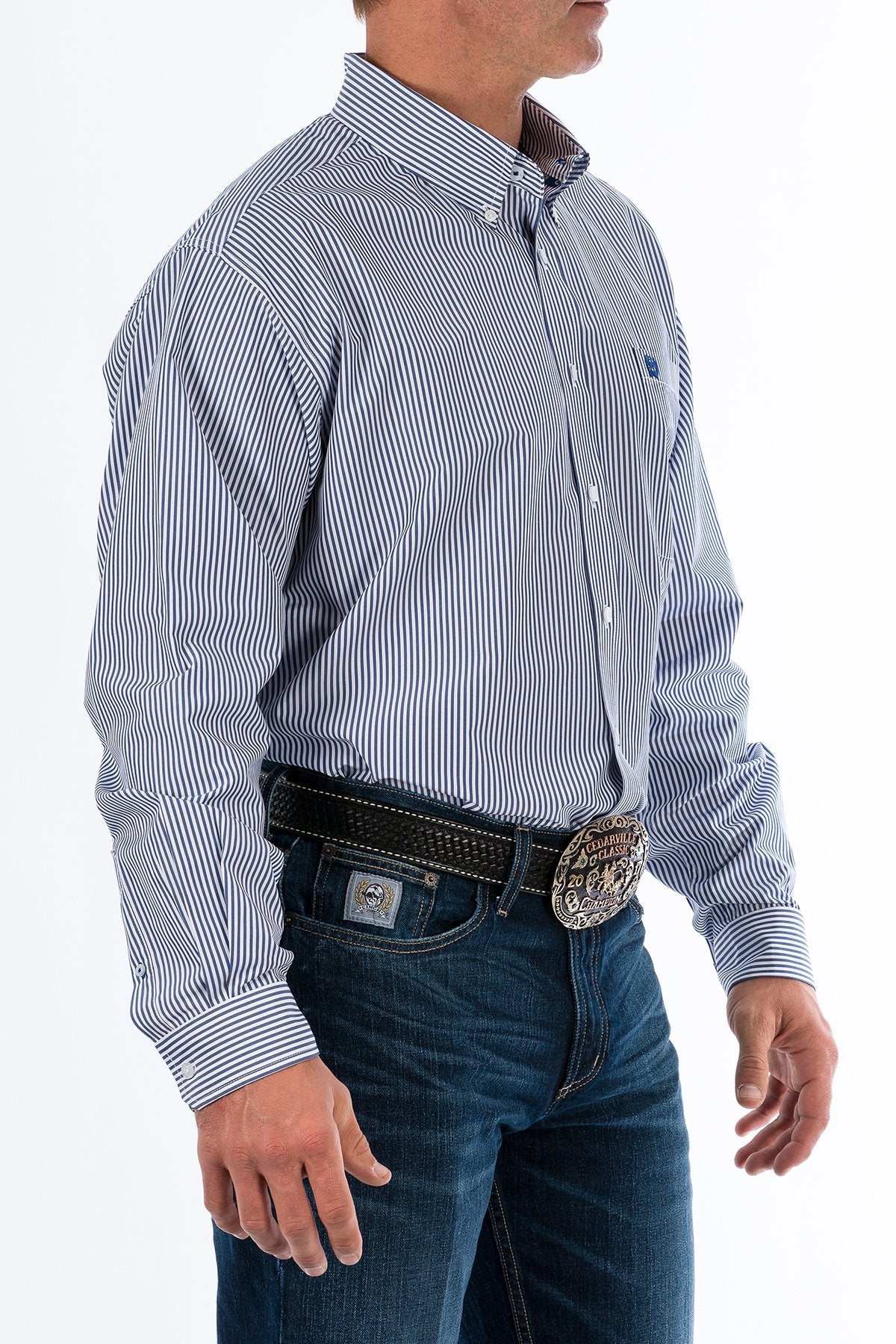 Cinch Men's Long Sleeve TENCEL™ - Navy Stripe Large