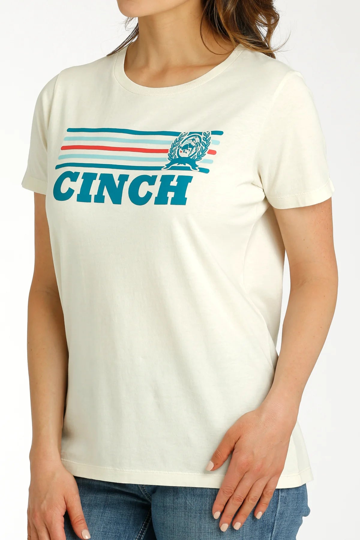 Cinch Women's Cream Short Sleeve Stripe Logo T-Shirt.
